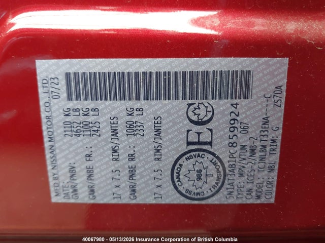 40067980 :رقم المزاد ، 5N1AT3AB1PC859924 vin ، 2023 Nissan Rogue مزاد بيع