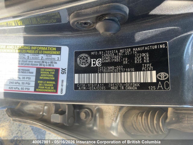 40067981 :رقم المزاد ، 2T1BURHE6EC171916 vin ، 2014 Toyota Corolla L/le/le Pls/prm/s/s Pls مزاد بيع