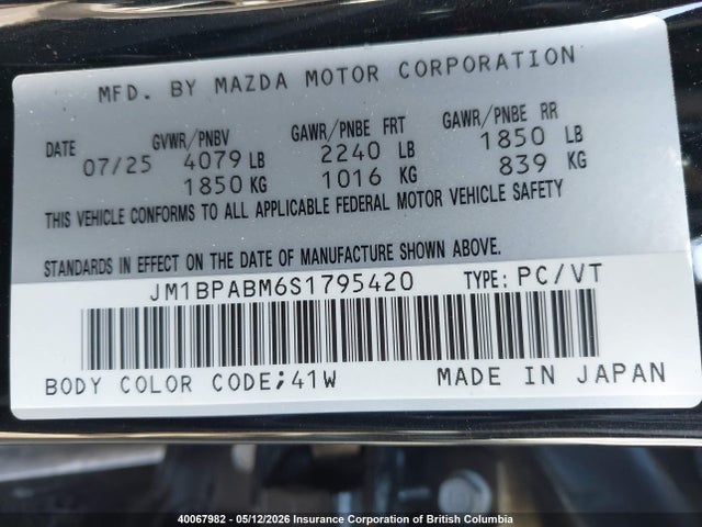 2025 Mazda 3 Select Sport მანქანა იყიდება აუქციონზე, vin: JM1BPABM6S1795420, აუქციონის ნომერი: 40067982