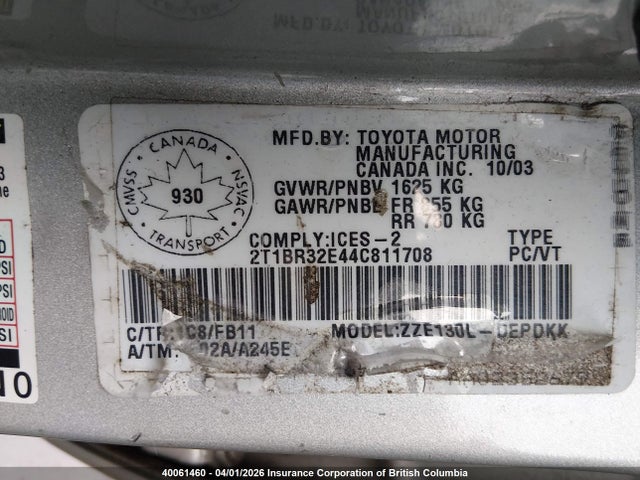 40061460 :رقم المزاد ، 2T1BR32E44C811708 vin ، 2004 Toyota Corolla Ce/le/s مزاد بيع