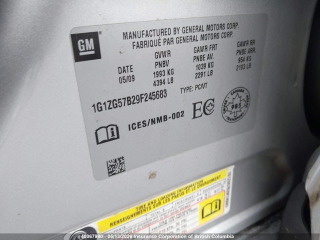 2009 Chevrolet Malibu Ls მანქანა იყიდება აუქციონზე, vin: 1G1ZG57B29F245683, აუქციონის ნომერი: 40067990