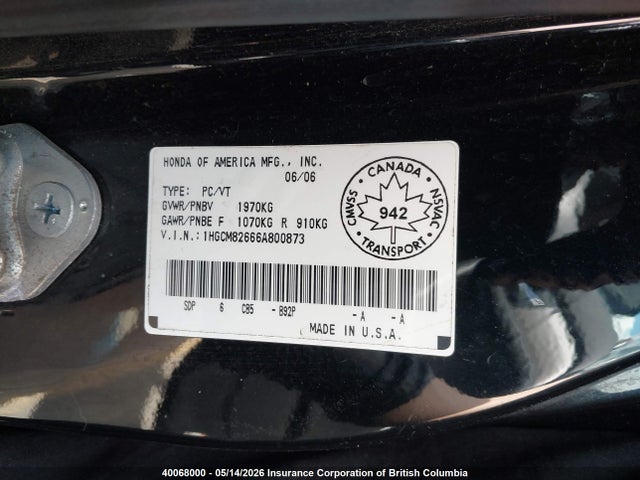 Aukcja sprzedaży 2006 Honda Accord Ex V6, vin: 1HGCM82666A800873, numer aukcji: 40068000