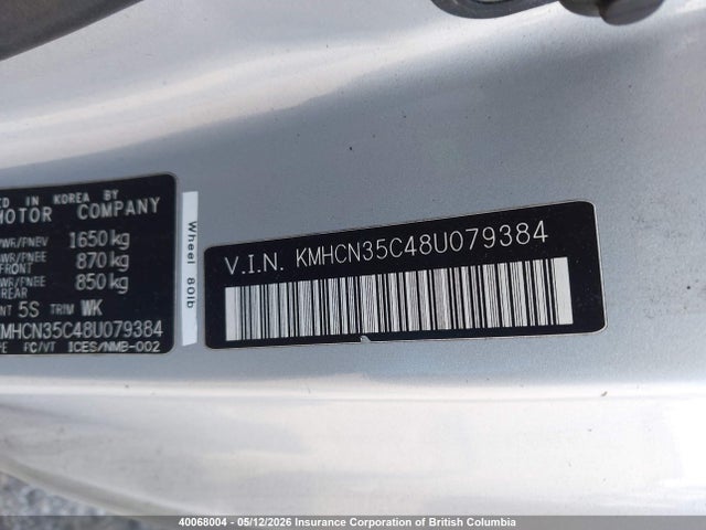 2008 Hyundai Accent Gs მანქანა იყიდება აუქციონზე, vin: KMHCN35C48U079384, აუქციონის ნომერი: 40068004