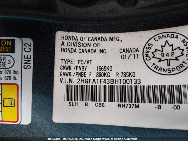 40063105 :رقم المزاد ، 2HGFA1F43BH100133 vin ، 2011 Honda Civic Dx-g مزاد بيع