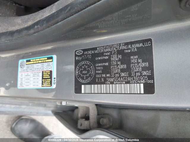 Продажа на аукционе авто 2010 Hyundai Santa Fe Gls, vin: 5NMSG4AG2AH391905, номер лота: 40066329