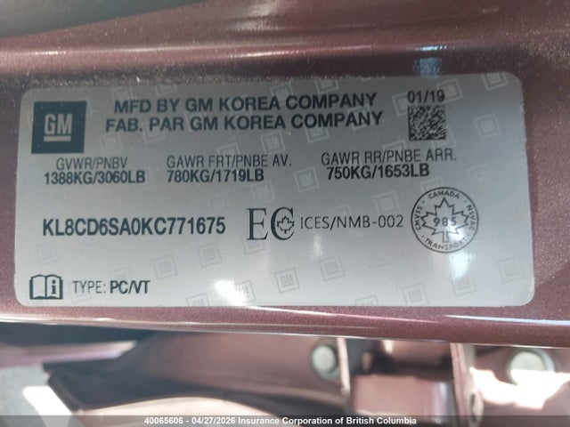 2019 Chevrolet Spark 1lt მანქანა იყიდება აუქციონზე, vin: KL8CD6SA0KC771675, აუქციონის ნომერი: 40065606
