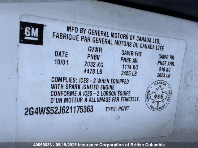 Продаж на аукціоні авто 2002 Buick Century Custom, vin: 2G4WS52J621175363, номер лоту: 40068033
