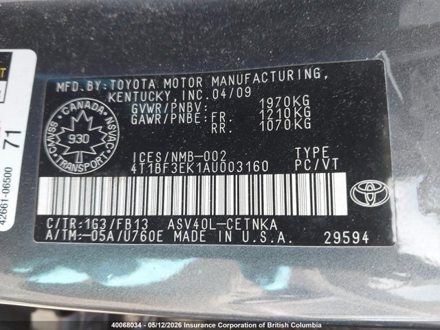40068034 :رقم المزاد ، 4T1BF3EK1AU003160 vin ، 2010 Toyota Camry مزاد بيع