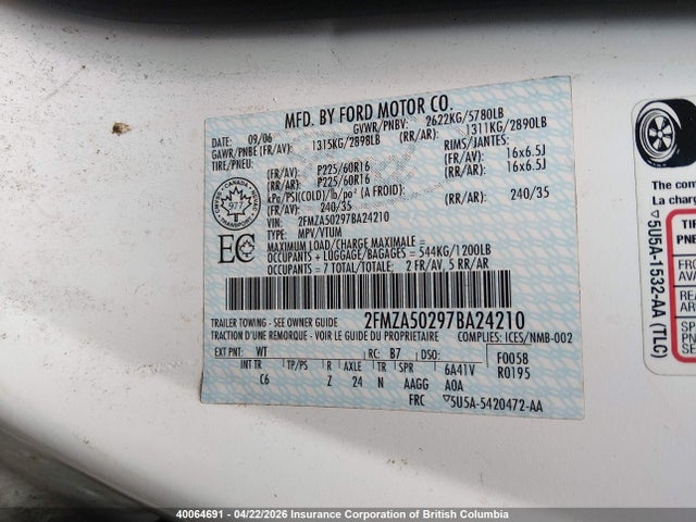 Продажа на аукционе авто 2007 Ford Freestar S, vin: 2FMZA50297BA24210, номер лота: 40064691
