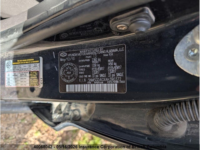 2010 Hyundai Santa Fe Gls მანქანა იყიდება აუქციონზე, vin: 5NMSGDAGXAH390372, აუქციონის ნომერი: 40068042