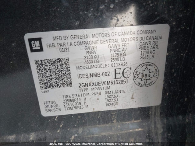 40067408 :رقم المزاد ، 2GNAXUEV6M6152851 vin ، 2021 Chevrolet Equinox Lt مزاد بيع