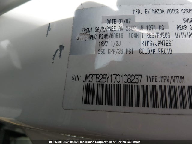 40065980 :رقم المزاد ، JM3TB28Y170108237 vin ، 2007 Mazda Cx-9 مزاد بيع