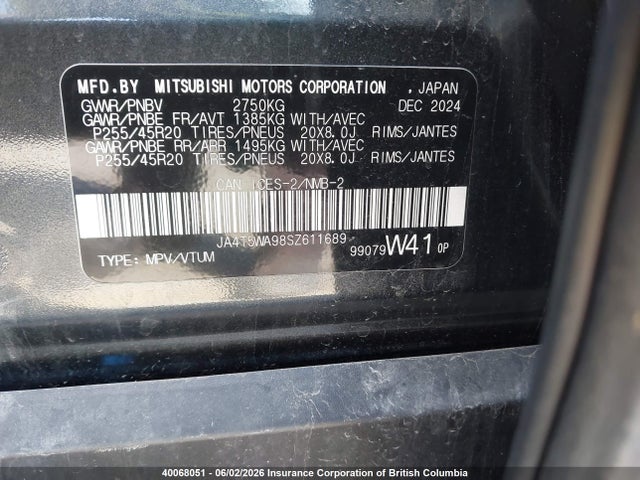 2025 Mitsubishi Outlander Phev Gt Noir/gt S-awc მანქანა იყიდება აუქციონზე, vin: JA4T5WA98SZ611689, აუქციონის ნომერი: 40068051