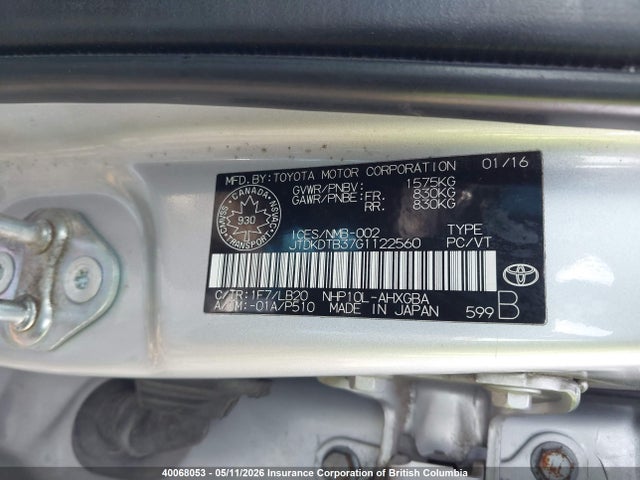 JTDKDTB37G1122560 Toyota Prius