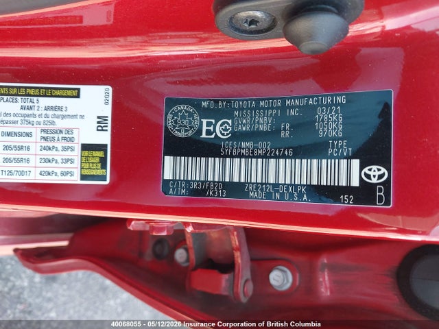 40068055 :رقم المزاد ، 5YFBPMBE8MP224746 vin ، 2021 Toyota Corolla Le مزاد بيع