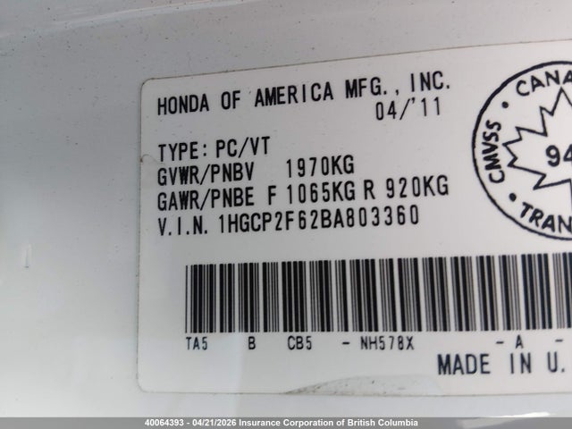 Aukcja sprzedaży 2011 Honda Accord Se, vin: 1HGCP2F62BA803360, numer aukcji: 40064393
