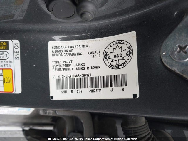 40068059 :رقم المزاد ، 2HGFA1F68BH007920 vin ، 2011 Honda Civic مزاد بيع