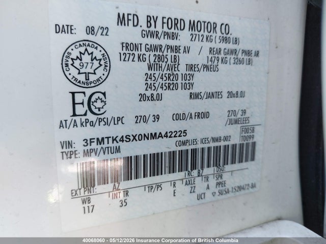 Aukcja sprzedaży 2022 Ford Mustang Mach-e Gt, vin: 3FMTK4SX0NMA42225, numer aukcji: 40068060