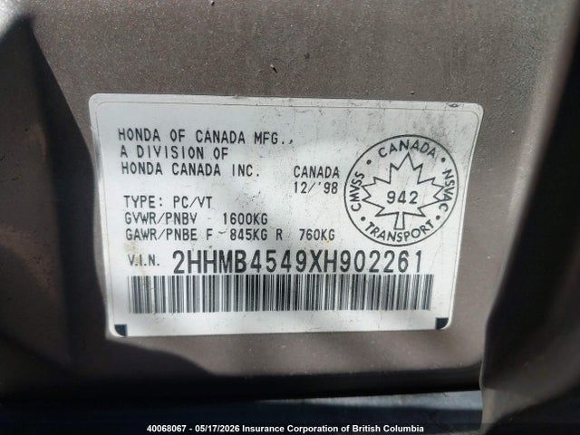 40068067 :رقم المزاد ، 2HHMB4549XH902261 vin ، 1999 Acura 1.6el مزاد بيع