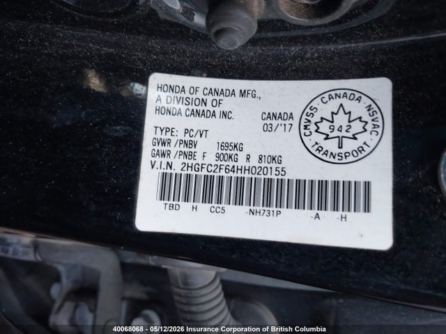 2017 Honda Civic მანქანა იყიდება აუქციონზე, vin: 2HGFC2F64HH020155, აუქციონის ნომერი: 40068068
