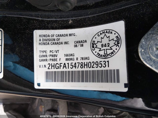 Aukcja sprzedaży 2008 Honda Civic Dx-g, vin: 2HGFA15478H029531, numer aukcji: 40067676