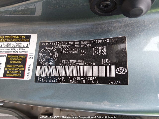 40067119 :رقم المزاد ، 4T1BB46K29U072810 vin ، 2009 Toyota Camry Hybrid مزاد بيع