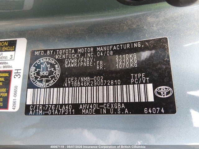 40067119 :رقم المزاد ، 4T1BB46K29U072810 vin ، 2009 Toyota Camry Hybrid مزاد بيع