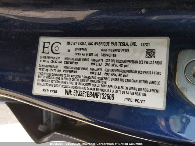 Продажа на аукционе авто 2022 Tesla Model 3, vin: 5YJ3E1EB4NF132606, номер лота: 40065664