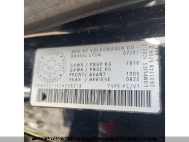 2002 Volkswagen Golf მანქანა იყიდება აუქციონზე, vin: 9BWDE21J824006216, აუქციონის ნომერი: 40068105