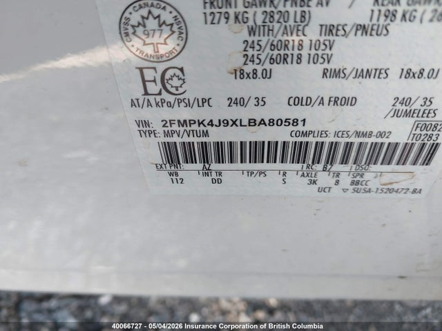 Aukcja sprzedaży 2020 Ford Edge Sel, vin: 2FMPK4J9XLBA80581, numer aukcji: 40066727