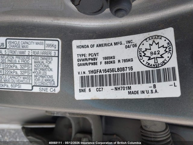 Продаж на аукціоні авто 2006 Honda Civic, vin: 1HGFA16456L808716, номер лоту: 40068111