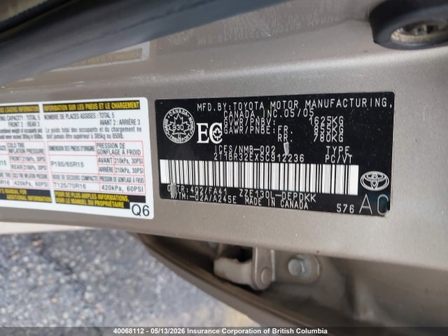 40068112 :رقم المزاد ، 2T1BR32EX5C912236 vin ، 2005 Toyota Corolla Ce/le/s مزاد بيع