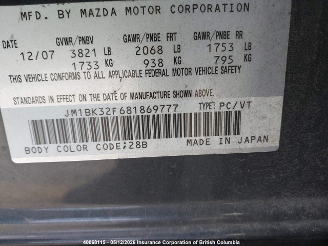2008 Mazda 3 I მანქანა იყიდება აუქციონზე, vin: JM1BK32F681869777, აუქციონის ნომერი: 40068115