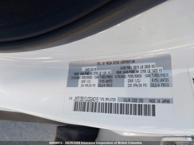 Aukcja sprzedaży 2018 Mazda Cx-9 Grand Touring, vin: JM3TCBDY3J0224016, numer aukcji: 40066013