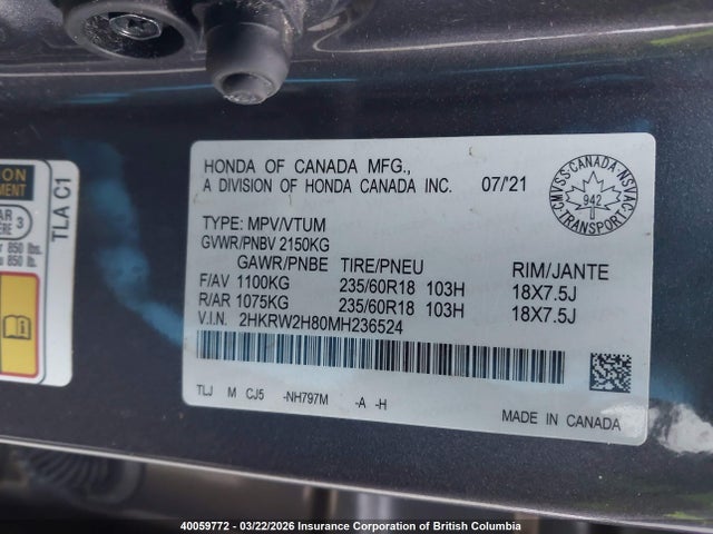 2HKRW2H80MH236524 Honda CR-V EXL