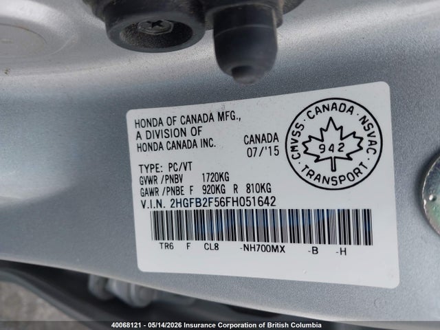 40068121 :رقم المزاد ، 2HGFB2F56FH051642 vin ، 2015 Honda Civic مزاد بيع