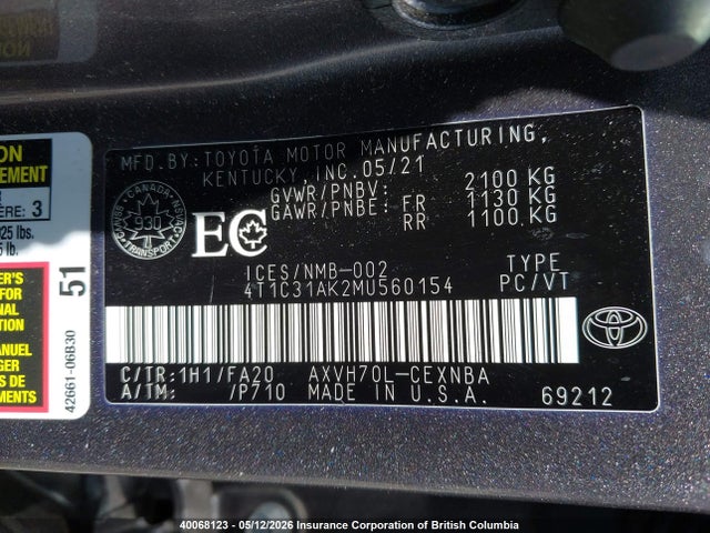 Продаж на аукціоні авто 2021 Toyota Camry, vin: 4T1C31AK2MU560154, номер лоту: 40068123