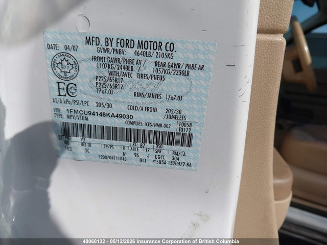 Aukcja sprzedaży 2008 Ford Escape Limited, vin: 1FMCU94148KA49030, numer aukcji: 40068132