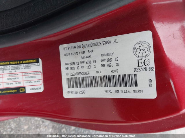 40068133 :رقم المزاد ، 1C3EL45R74N364036 vin ، 2004 Chrysler Sebring Lx مزاد بيع