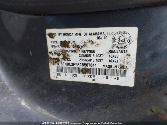 Продажа на аукционе авто 2010 Honda Odyssey Ex, vin: 5FNRL3H56AB507844, номер лота: 40068135