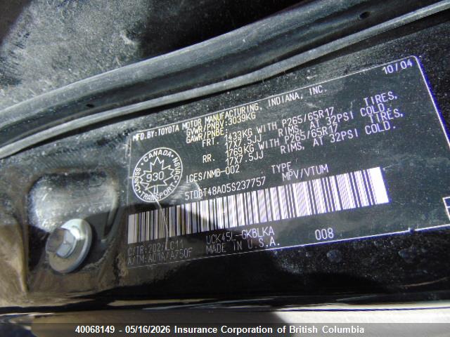 40068149 :رقم المزاد ، 5TDBT48A05S237757 vin ، 2005 Toyota Sequoia Limited مزاد بيع