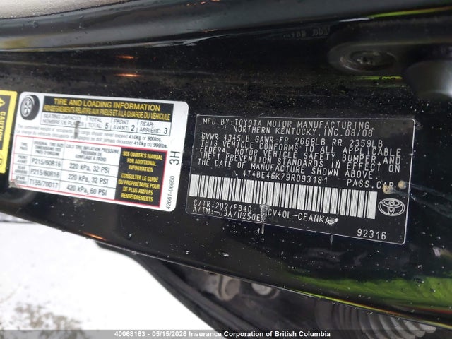 40068163 :رقم المزاد ، 4T4BE46K79R093181 vin ، 2009 Toyota Camry مزاد بيع