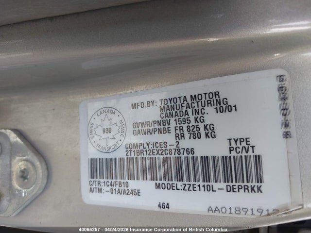 Aukcja sprzedaży 2002 Toyota Corolla Ce/le/s, vin: 2T1BR12EX2C878766, numer aukcji: 40065257