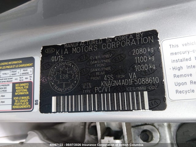 KNAGN4AD1F5088610 KIA OPTIMA HYBRID