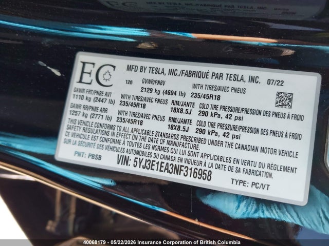 40068179 :رقم المزاد ، 5YJ3E1EA3NF316958 vin ، 2022 Tesla Model 3 مزاد بيع