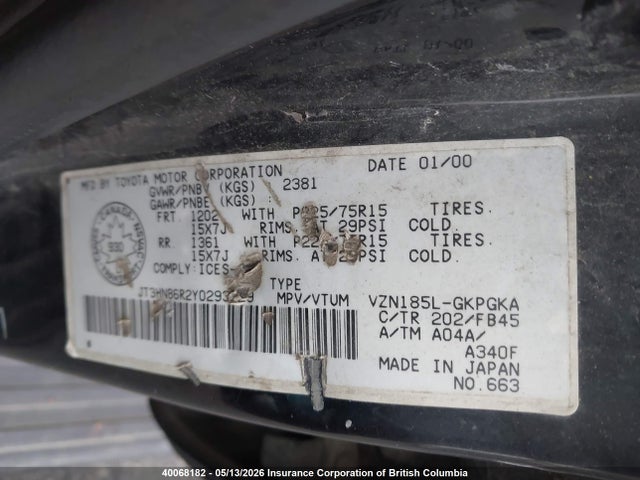 40068182 :رقم المزاد ، JT3HN86R2Y0293229 vin ، 2000 Toyota 4runner Sr5 V6 مزاد بيع