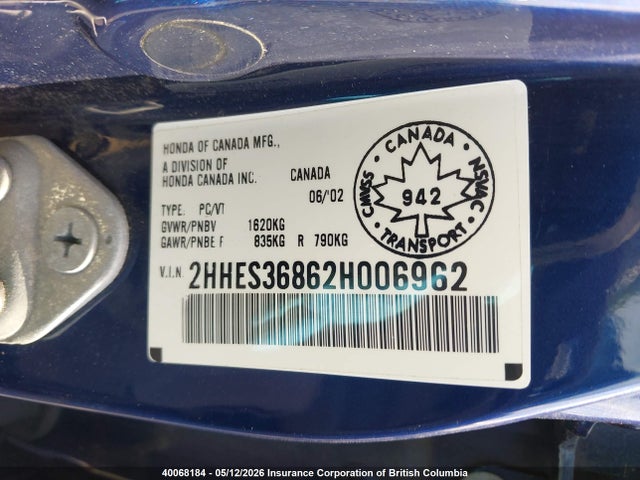 2002 Acura 1.7el Premium მანქანა იყიდება აუქციონზე, vin: 2HHES36862H006962, აუქციონის ნომერი: 40068184