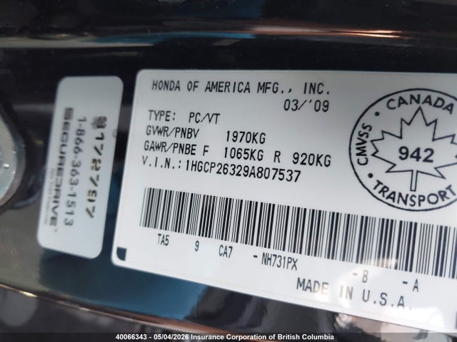 Продаж на аукціоні авто 2009 Honda Accord Lx, vin: 1HGCP26329A807537, номер лоту: 40066343