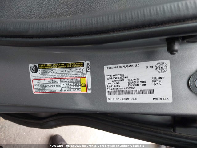 5FNRL6H49LB503850 Honda ODYSSEY EX