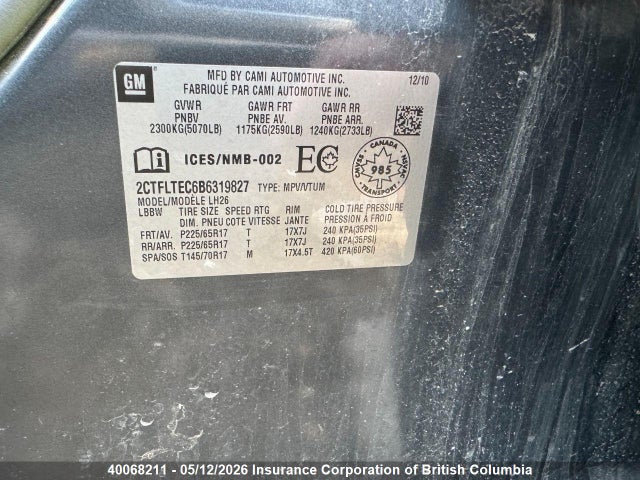 40068211 :رقم المزاد ، 2CTFLTEC6B6319827 vin ، 2011 Gmc Terrain Sle مزاد بيع